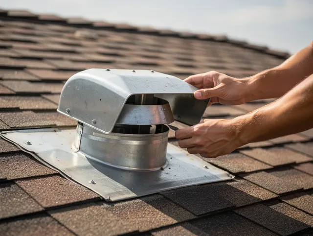 Muscoy Dryer Vent Cleaning certified technician safely cleaning a roof-mounted dryer vent in Muscoy