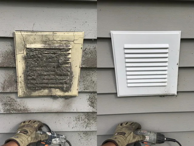 Muscoy Dryer Vent Cleaning technician installing high-quality dryer vent cover at a residential property in Muscoy