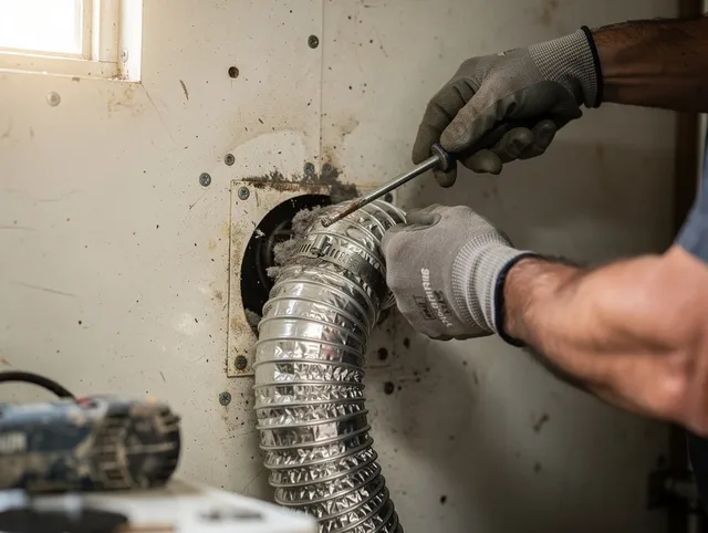 Muscoy Dryer Vent Cleaning technician performing precise dryer vent hose installation in Muscoy